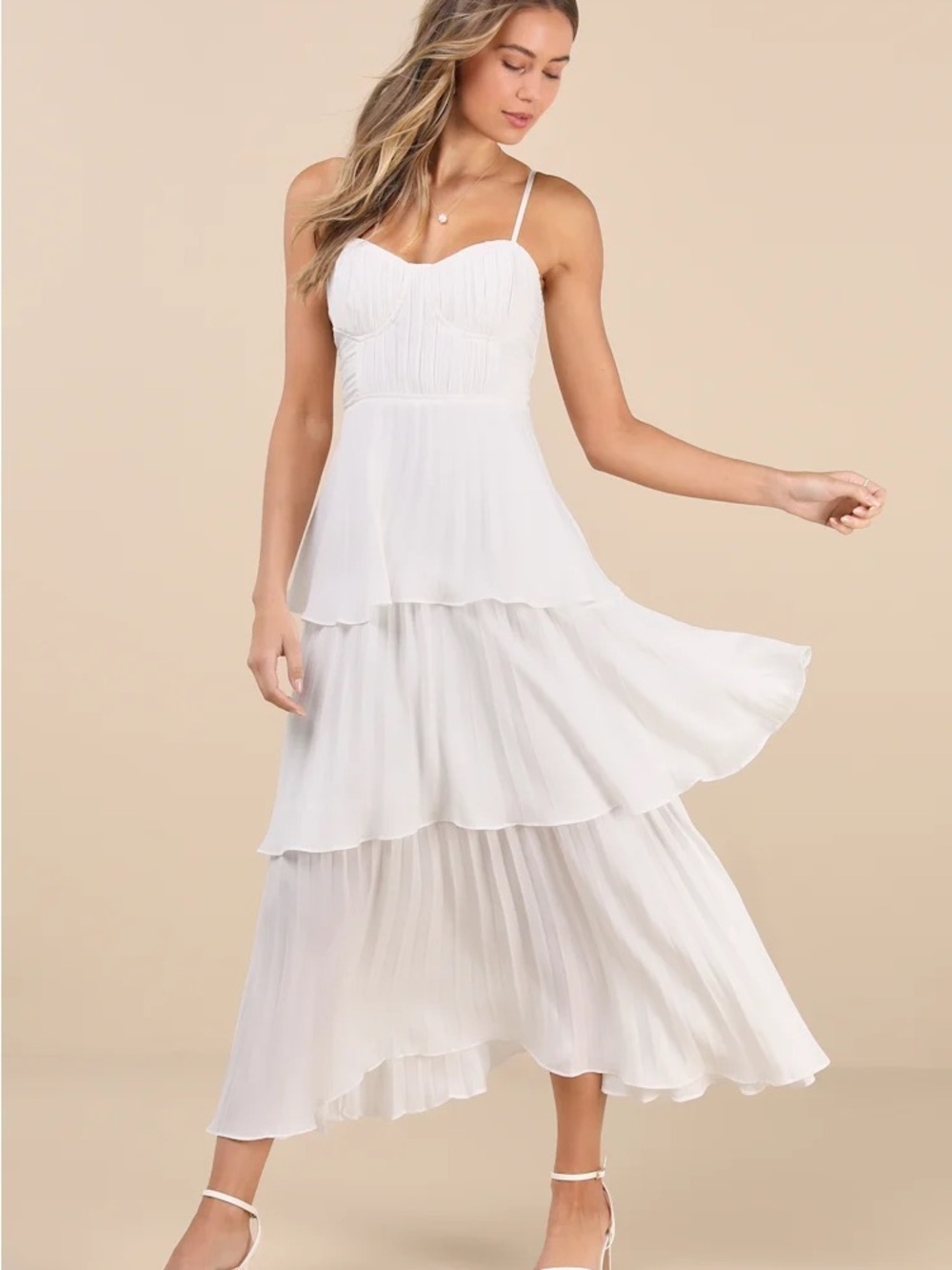 Lulus Cascading Crush White Tiered Bustier Midi Dress